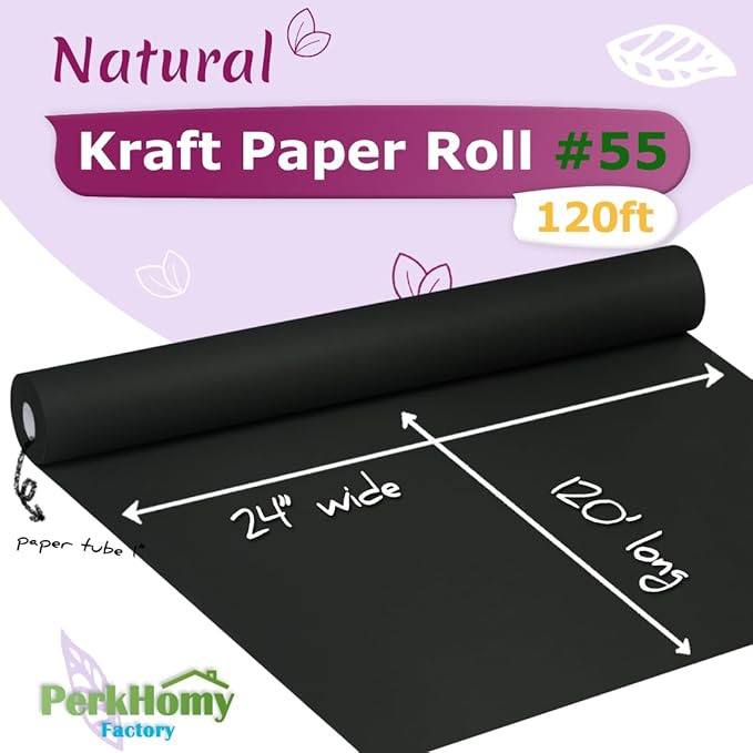 PerkHomy 24" x 1,440" (120') Black Kraft Paper Roll for Craft Bulletin Board Paper Art Table Covering Crafting Gift Wrapping Bouquet Packing Parcel 80GSM 55LB (Black, 24" x 120')