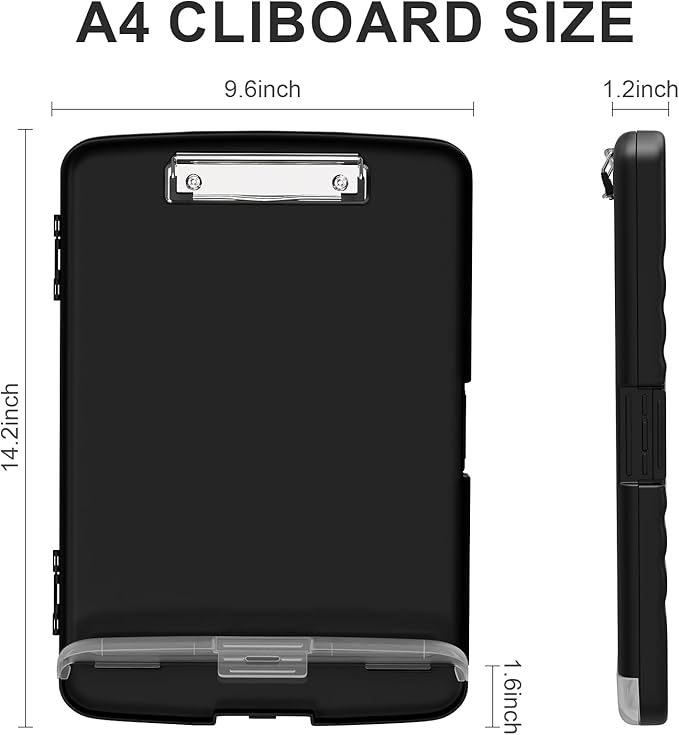 Plastic Clipboard with Storage, 8.5 x 11 Storage Organization Box Side-Opening, Heavy Duty Clip Board with Pen Holder and Paper Folder for Nurses, Teachers, Office & School Supply, Black