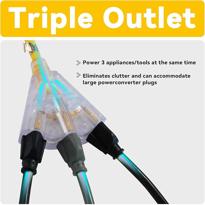 EP 30 Ft 12 Gauge Heavy Duty Extension Cord, 15A 125V 1875W, 3 Outlet Indoor/Outdoor Power Cord with Lighted End, 12/3 SJTW Weatherproof Yellow, UL Listed