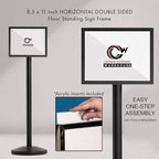 Crowd Control Warehouse Pedestal Standing Floor Sign Frame with Sloped Base, 8.5x11 Inch Horizontal, Black Powder Coated Steel
