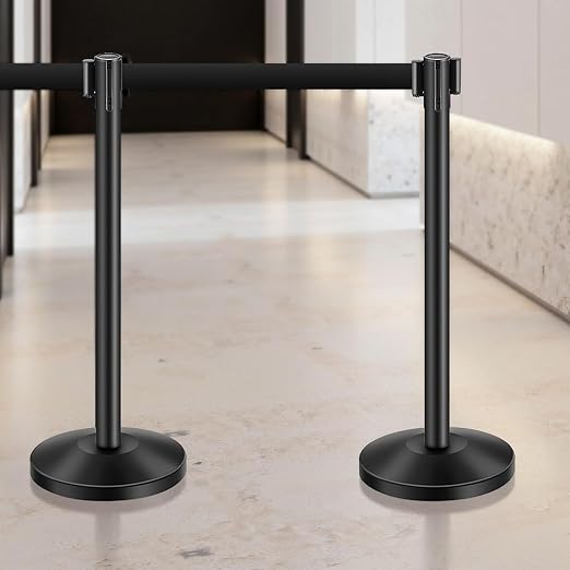 VEVOR Stanchion Post, 6 Pcs Stanchions with Retractable Belts, Carbon Steel Black Stanchions Queue with Sand Injection Hollow Base, Crowd Control Barriers for Theaters, Parties, Weddings, Exhibitions