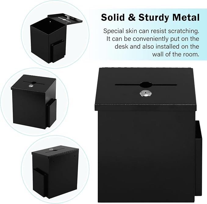 xydled Wall Mounted Suggestion Box with Key Lock, Metal Donation/Ballot/Voting/Collection/Key Drop Box with 50 Free Suggestion Cards , Black, 8.7"x 5.9"x7.1"