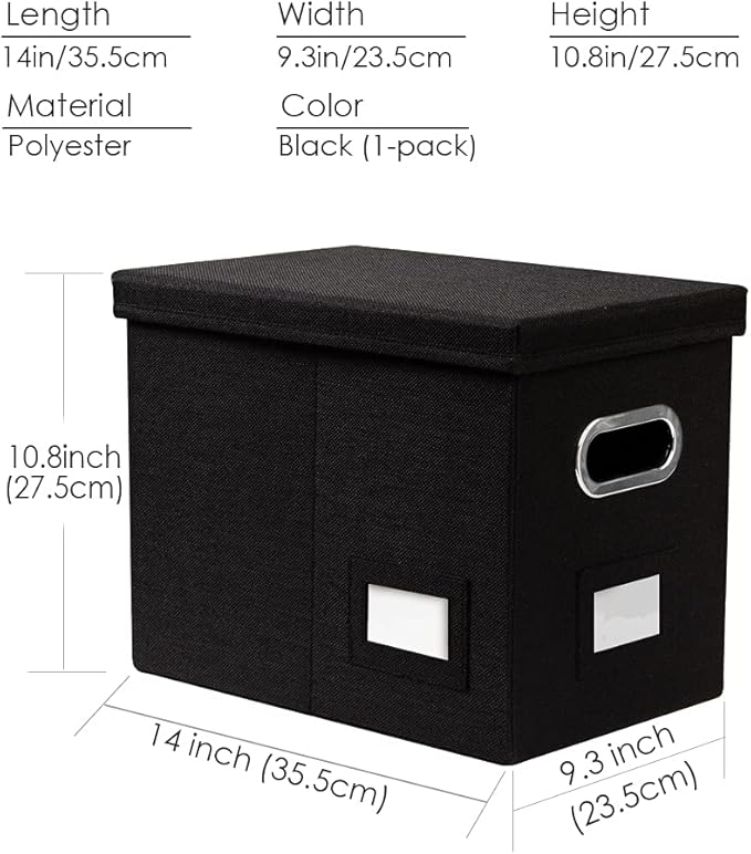 PRANDOM File Organizer Box - Set of 1 Collapsible Decorative Linen Filing Storage Hanging File Folders with Lids Office Cabinet Letter Size Black (14x9.3x10.8 inch)