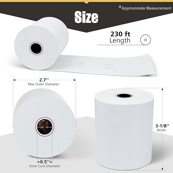 Azure Zone, Thermal Paper 3-1/8 X 230ft 50 Rolls, Fits Most POS Machines and Cash Registers, Great for Business Sales