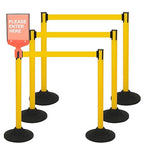 6PACK Crowd Control Stanchions Yellow Set BESEA Heavy Duty Crowd Control Barriers with 10' FEET Black Retractable Belt, Heavy Duty Rubber Base, Easy to Install (6PACK)