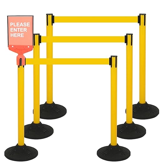 6PACK Crowd Control Stanchions Yellow Set BESEA Heavy Duty Crowd Control Barriers with 10' FEET Black Retractable Belt, Heavy Duty Rubber Base, Easy to Install (6PACK)