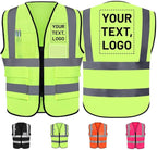 Personalized Safety Vest with Name & Logo - High Visibility Vest for Men & Women - 2” Wide Reflective Strips & 5 Pockets