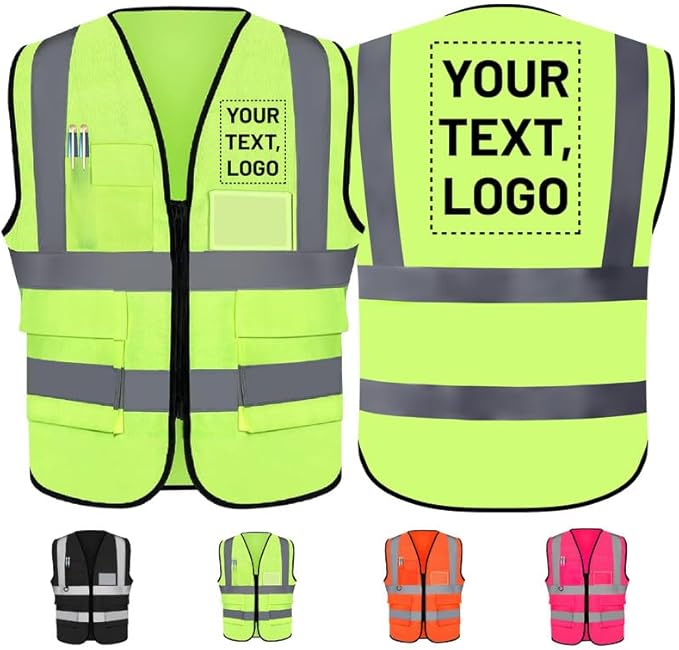 Personalized Safety Vest with Name & Logo - High Visibility Vest for Men & Women - 2” Wide Reflective Strips & 5 Pockets