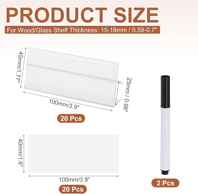 PATIKIL 3.9" x 1.8" Wire Shelf Label Holder, 20 Pack Reusable Plastic Price Tag Display Clip for 0.79" to 0.98" Thick Shelves with Paper Inserts Pens for Home Market Store, Clear
