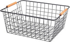 LeleCAT Large black wire basket for Organizing with Wooden Handles,pantry refrigerator organizers and storage,Snack Storage Baskets for Cabinets, Closets, Bedrooms, kitchen -2pack（Black）