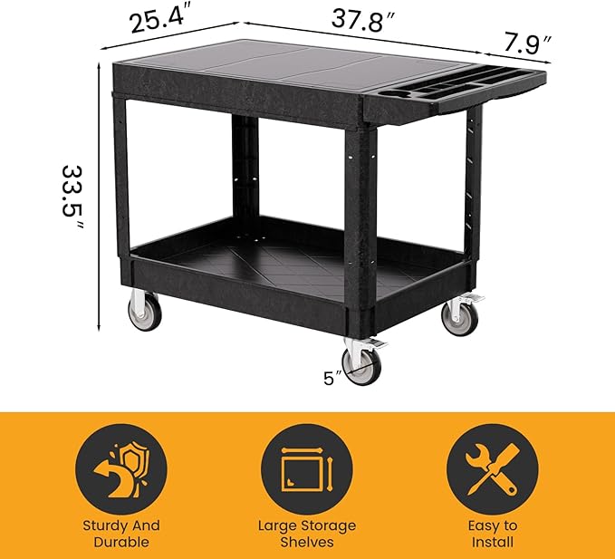 2-Tier Rolling Tool Cart,Heavy-Duty Plastic Service Cart with Lipped Shelves,550 lbs Capacity Utility Cart,Flat Top 46 x 26 Inch Rolling Work Carts for Garage,Salon,Kitchen,Office-Black