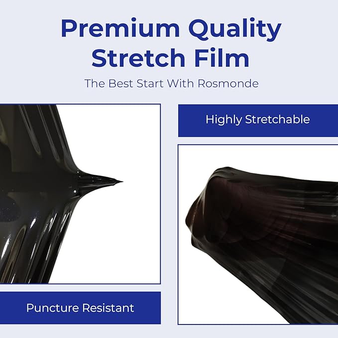 Rosmonde Black Plastic Wrap, 128 Rolls Bulk Pack, 80 Gauge Thick Shrink Wrap, True 18" x 1500 ft Industrial Strength, 9.4 lbs/Roll, Bulk Pallet Stretch Wrap for Warehouse, Moving and Secured Packaging