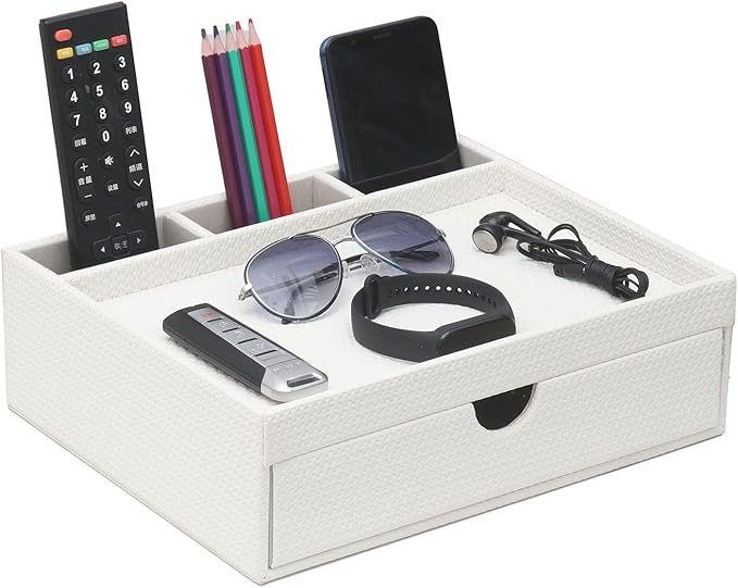 Leather Desk Organizer With Drawers, Home Cosmetics Organizer, Phone Remote Organizer, Drawer Plus Divider & Tray (black)