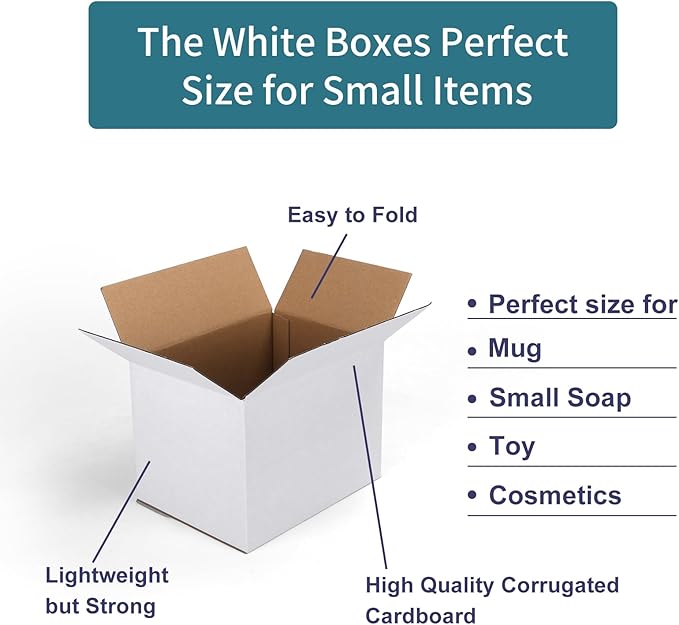 6 Pack Shipping Boxes 8x6x6 Inches, White Corrugated Cardboard Mailing Box for Packing, Mailing, Small Business