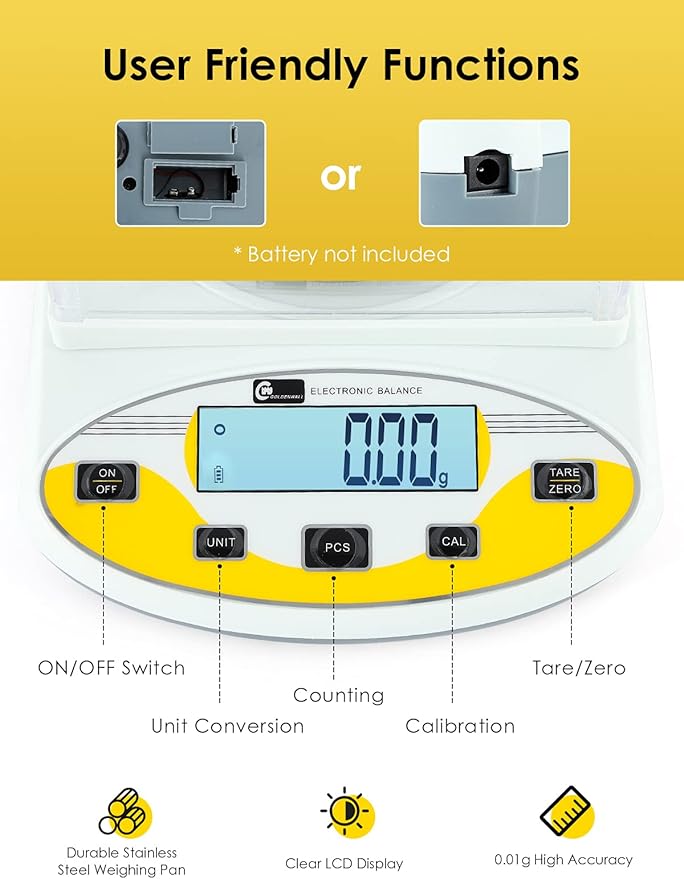 CGOLDENWALL Precision Lab Scale 500gX0.01g Analytical Electronic Balance Digital Laboratory Scale Precision Jewelry Scales Kitchen Precision Weighing Electronic Scales Calibrated 110V (500g, 0.01g)