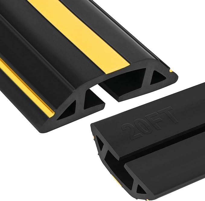 20Ft Cord Covers for Wires on Floor, 3-Channel Heavy Duty Floor Cord Cover with Anti-Slip Base & Yellow Warning Strips, Ideal for Home, Office, Outdoor Use(10Ft X 2 Rolls)