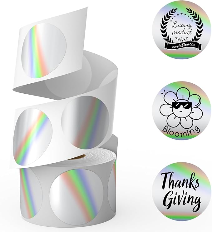 Classy Holographic Circle Thermal Sticker Labels, 2'' Printable Rainbow Round Thermal Labels, Self-Adhesive Thermal Label Stickers for Logo Design- 400 Labels/1 Roll