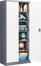 Metal Cabinet,Locking Storage Cabinet with 2 Doors and 5 Adjustbale Shelves,72" Tall Tool Steel Cabinets for Garage,Home Office,School,Gym(Grey & White)