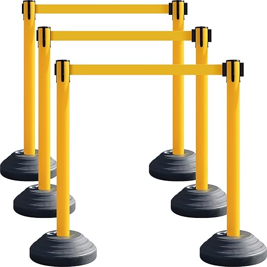 6 Pack Premium Crowd Control Stanchion Set, 40" H Delineator Post with 10' Feet Retractable Belt, Heavy-Duty Base, Safety Rope Barriers for Traffic Queue (Water Filled Base, Yellow)