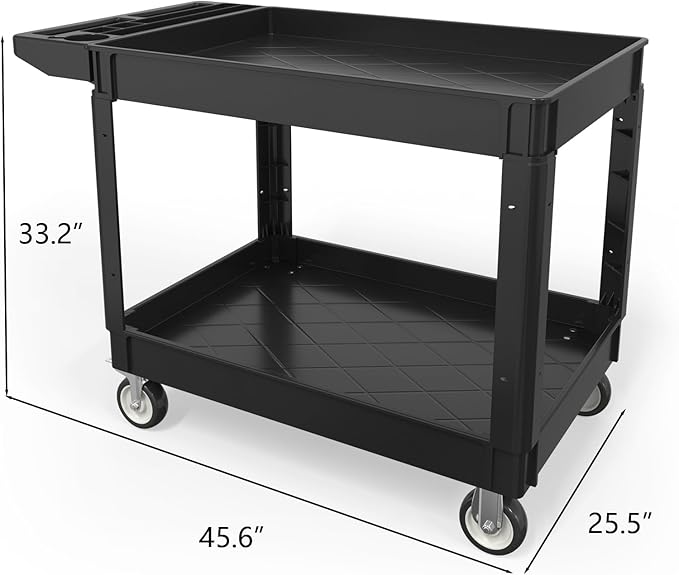 550LBS Utility Cart, 2-Tier 46x25 Inch Utility Cart with Wheels,Heavy Duty Service Cart-Lipped Shelves,Ergonomic Storage Handle and Swivel Wheels for Warehouse, Garage, Cleaning,Black