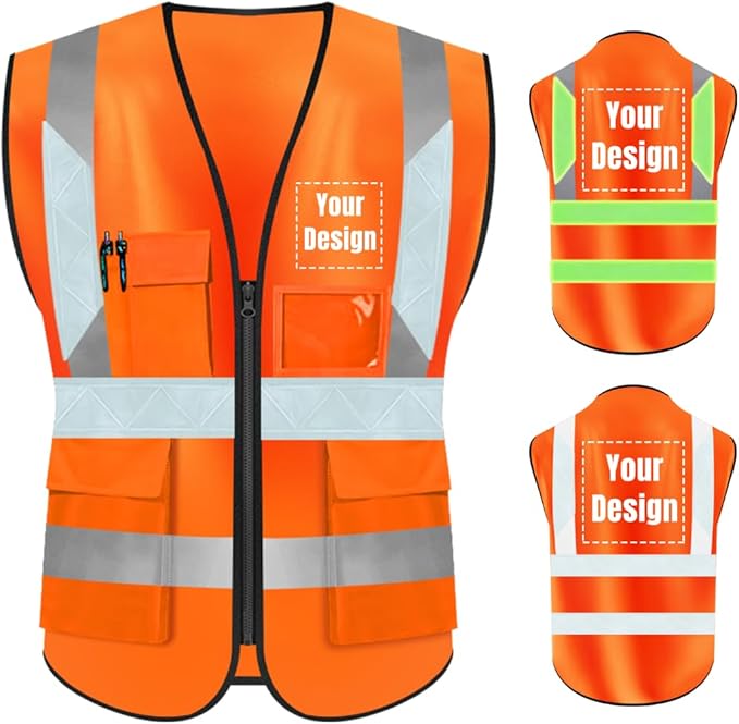 YOWESHOP High Visibility Safety Vest Custom Your Logo Protective Workwear 5 Pockets With Reflective Strips Outdoor Work Vest (XL, Orange Luminous)