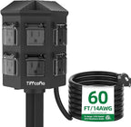 TiFFCOFiO Outdoor Power Strip with Stake Waterproof, 60 FT Extension Cord, 6 Grounded Outlets for Outdoor Lights, 14 AWG, 15A/1875W, ETL Listed