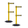 CCW Series WBB-200D - Set of 2 Retractable Dual Belt Stanchion Safety Barrier, Heavy-Duty Rubber Base Yellow Post (9 Foot Belt, Black with Yellow Horizontal Stripe Belt)