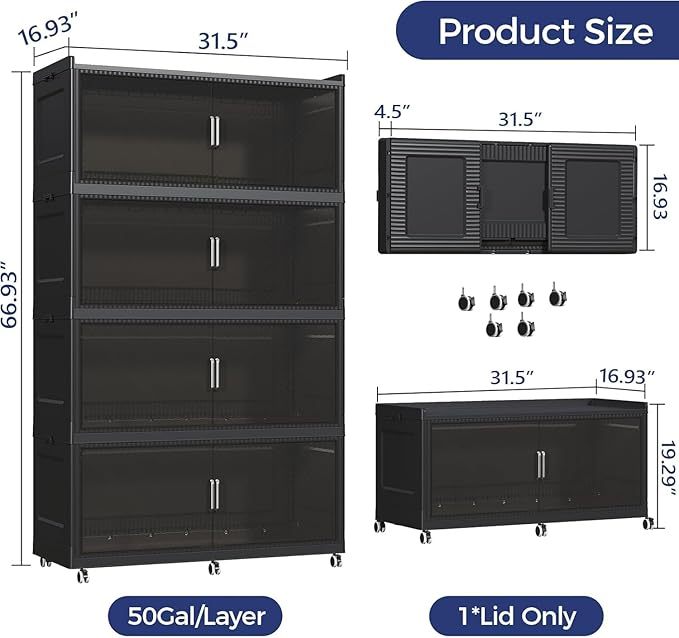 200Gal Extra Large Stackable Storage Bins with Lid, 800Qt Collapsible Storage Box with Wheels, Closet Organizers and Storage Cabinet Container for Home, Kitchen, Office, Bedroom, 4Pack Black