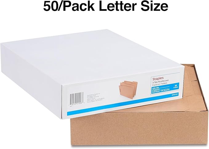 Staples Reinforced Fastener Folders Letter Size Kraft 50/Box