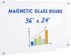 Magnetic Glass Whiteboard, 36" x 24" Glass Dry Erase Board for Wall, Large Frameless White Board with 1 Marker Tray and 3 Magnets for Office, Home, Classroom - Ultra White