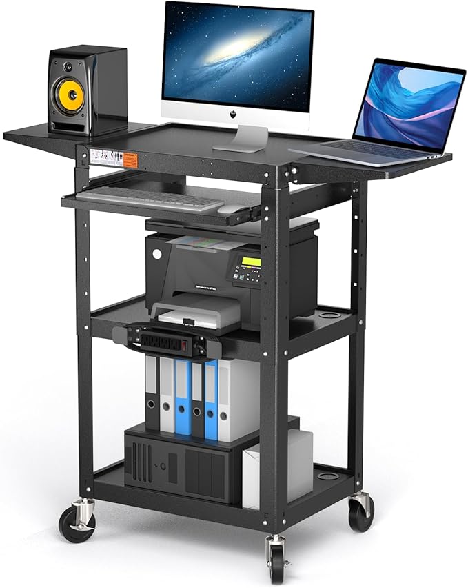 Large Steel AV Cart with Power Strip & Drop Leaves - Height Adjustable Metal Madia Cart with Wheels - Heavy Duty Rolling Computer Workstation for Laptop Projector Printer TV, Black (46" x 18")