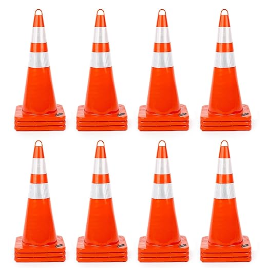 BATTIFE 24 Pack Traffic Safety Cones 28 Inches with Reflective Collars, PVC Orange Construction Cone for Traffic Control, Driveway Road Parking