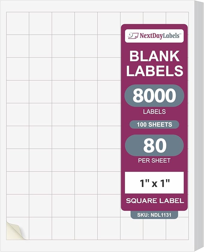 NextDayLabels – 1" x 1" Square Sticker Labels for Printer - White Laser/Inkjet Printer Labels Return Address Labels Shipping Label Stickers (100 Sheets, 80 Per Sheet, 8000 Labels)