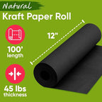 12" x 1200" USA-Made Black Kraft Paper Roll, 45 lbs Thickness, American Quality Colored Craft Paper for School, Bulletin Board - Odorless, Non-Toxic, Safe for Kids