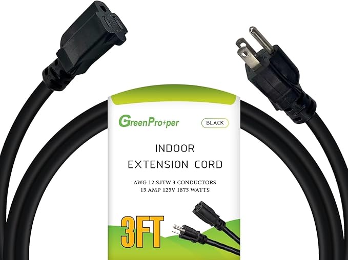 12 Gauge Indoor Heavy Duty Black Extension Cord 3 FT, 12 AWG SJTW Electrical Cable, Weather-Resistant Power Cord, Great for Gardenfor, Offices and Lawns