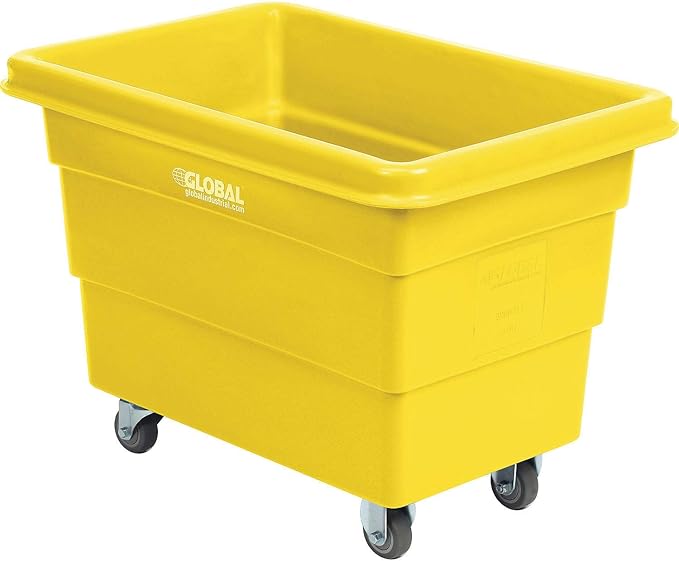 Global Industrial 6 Bushel Plastic Bulk Box Truck, Direct Mount Base, 500 lbs. Capacity, 3" Non-Maring Rubber Casters, Yellow, 33-2/5"L x 23" W x 24-1/2"H