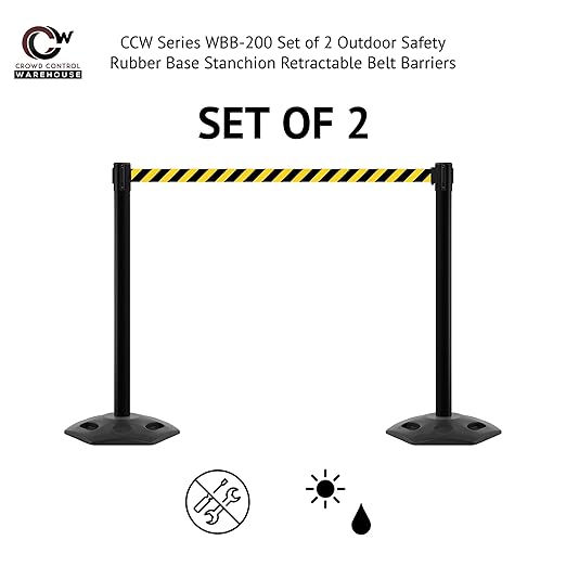 CCW Series WBB-200 Set of 2 Outdoor Safety Rubber Base Stanchion Retractable Belt Barriers - Easy to Assemble (11 Foot Belt, Red with"Authorized Access ONLY" White Letters Belt with Black Post)