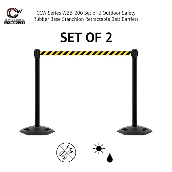 Crowd Control Warehouse CCW Series WBB-200 - Set of 2 Stanchion Retractable Belt Barriers - 11 Foot, Red"NO Parking" White Letters Belt with Yellow Post - Easy Assembly