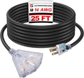 EP 25 Ft Lighted Outdoor Extension Cord with 3 Electrical Power Outlets - 14/3 SJTW Heavy Duty Black Extension Cable with 3 Prong Grounded Plug - Power Cord for Lawn, Garden, Appliances