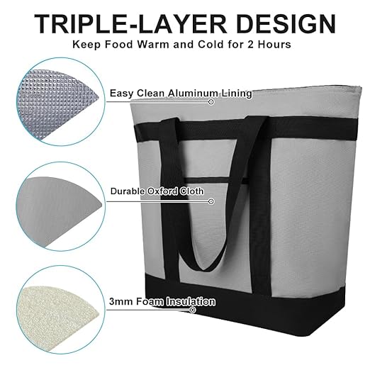 Insulated Reusable Tote Bag for Grocery Shopping for Women/Men, Pizza/Food Delivery Bag to Keep Food Cold/Hot for Uber Eats/Doordash/Grubub, Cooler Bags for Travel/Beach/Picnic, Cooler Bag,Grey