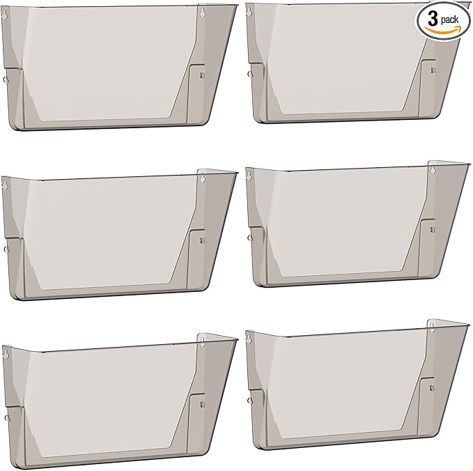 Clear Acrylic Single Pocket, Plastic Hanging Wall Mount File Holder for Office Home (Gray, 6 Pack)