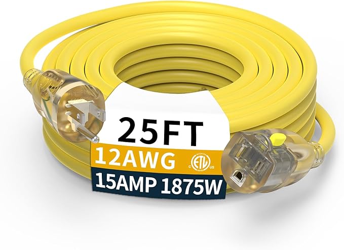 25FT 12/3 Gauge Heavy Duty Outdoor Extension Cord Waterproof, Weatherproof -58°F to 140°F with Lighted Outlet & Press-Release Lock, 15A 1875W 3 Prong, SJTW Electrical Power Cord, ETL Listed (Yellow)
