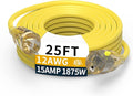 25FT 12/3 Gauge Heavy Duty Outdoor Extension Cord Waterproof, Weatherproof -58°F to 140°F with Lighted Outlet & Press-Release Lock, 15A 1875W 3 Prong, SJTW Electrical Power Cord, ETL Listed (Yellow)