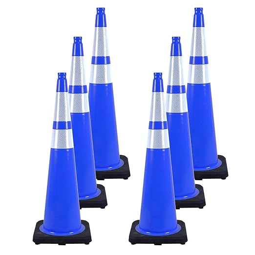 6 Pack 36 Inch Blue Heavy Duty PVC Cones with Stable Black Base, Professional Traffic Management, Parking Lots, Highway Safety, Work Sites (6, Blue, 36 Inch)