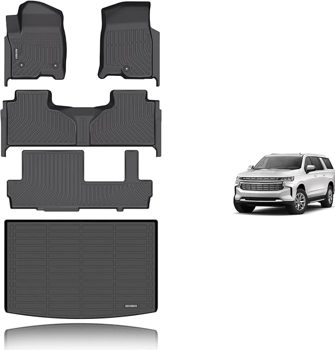 KELCSEECS® Floor Mats & Cargo Liner Custom for 2021-2026 Chevy/Chevrolet Suburban & GMC Yukon XL 8 Seats Bench Seats All Weather Protection TPE Floor Liners Full Set Chevy Suburban Accessories Black
