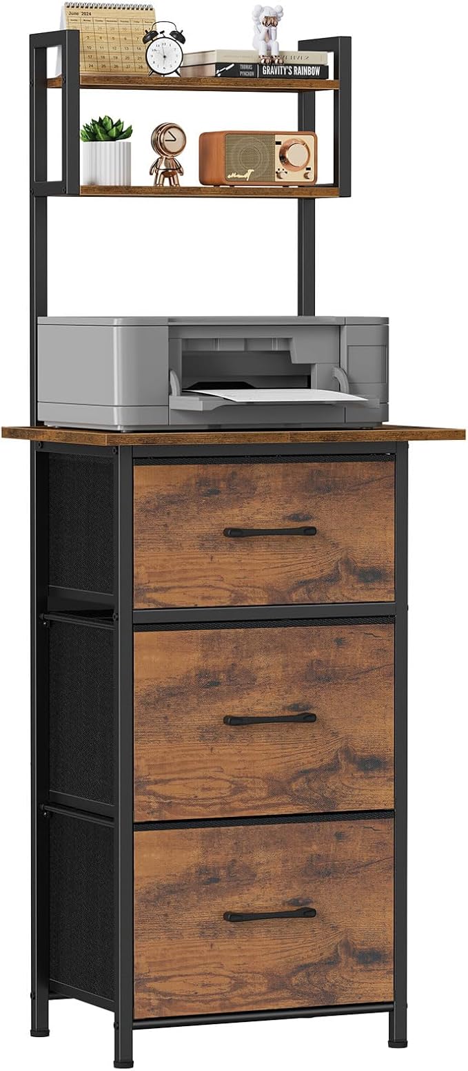Snughome 3 Drawer Tall File Cabinet with 19.7'' Extended Desktop, 3-Tier Filing Cabinet for Home Office 51.6''H Vertical File Cabinet Printer Stand for Home Office,Fits A4/Letter/Legal,Rustic Brown