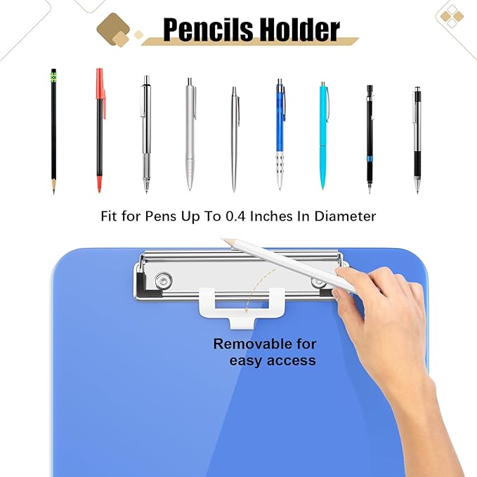 Hongri Plastic Clipboard with Pen Holder, Blue 8.5x11 Letter Size Clip Board for Classroom, Office, Students, Nurses and Women, Low Profile Clip, Size 12.5 x 9 in