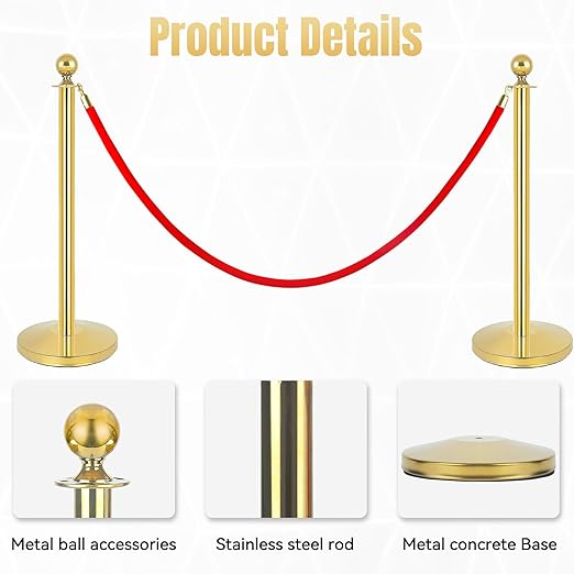 2Pack Stainless Steel Stanchion Posts 9.8ft Red Velvet Rope Suitable for theaters, stadiums and Other venues Easy to Install Gold