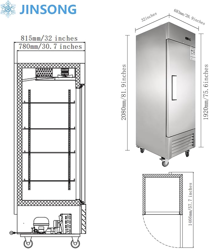 JINSONG 27" Commercial Refrigerator, 23 Cu.Ft Reach-in Stainless Steel Fridge with Single Solid Door for Restaurant, Bar, Shop, or Home Use