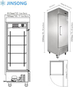 JINSONG 27" Commercial Refrigerator, 23 Cu.Ft Reach-in Stainless Steel Fridge with Single Solid Door for Restaurant, Bar, Shop, or Home Use